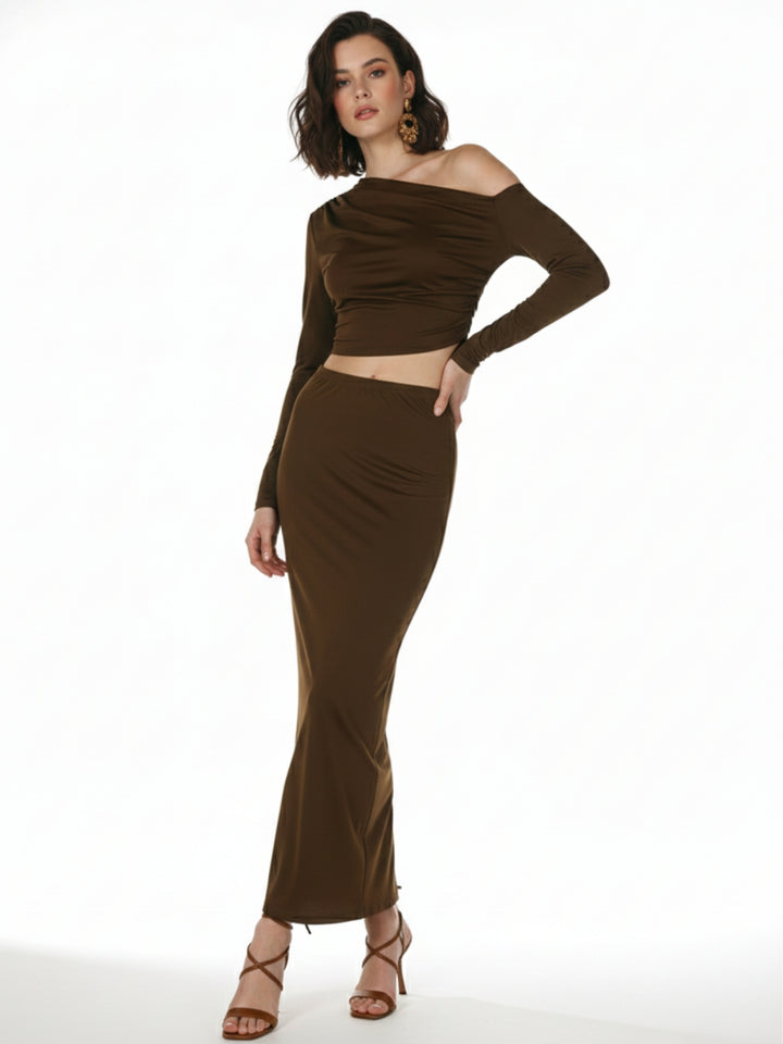 Brown One Shoulder Top And Skirt Set