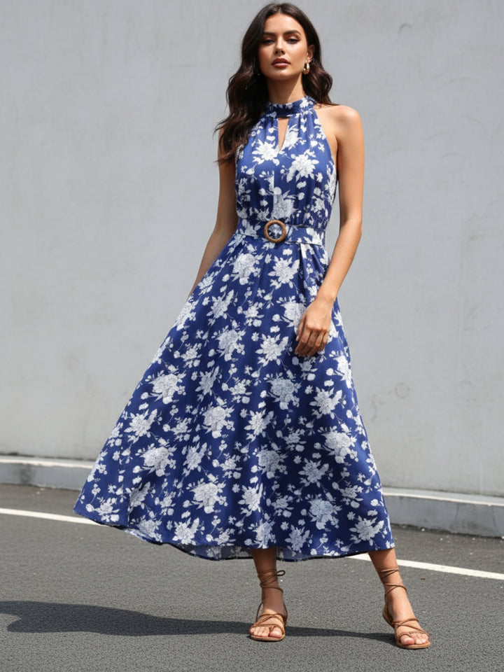 Blue Collared Neck Printed Dress