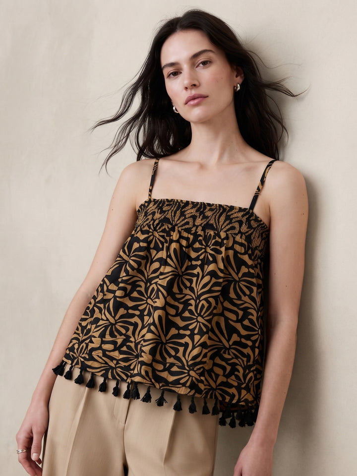 Brown Smocked Camisole With Tassles