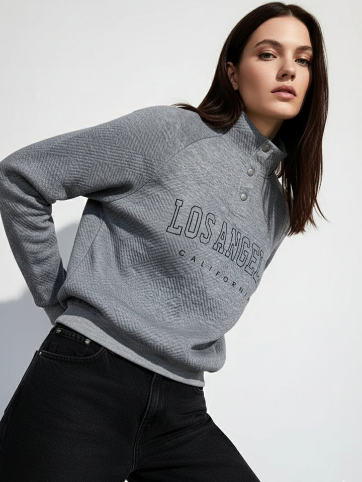 Grey Typography Half Buttoned Sweatshirt