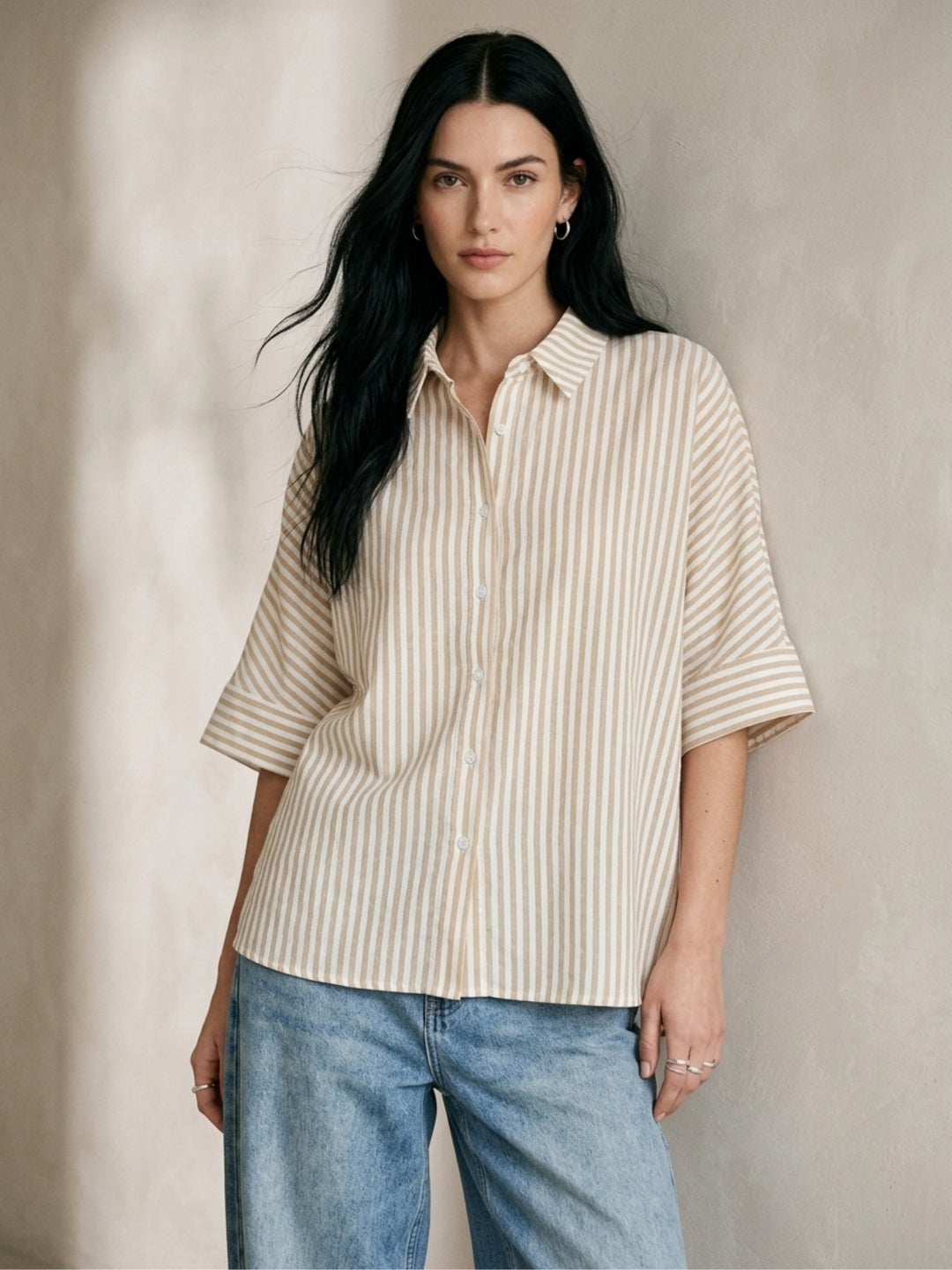 Beige Button Down Oversized Striped Shirt