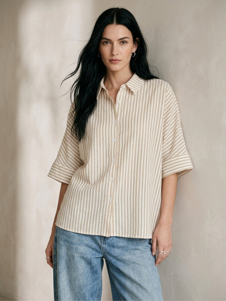 Beige Button Down Oversized Striped Shirt