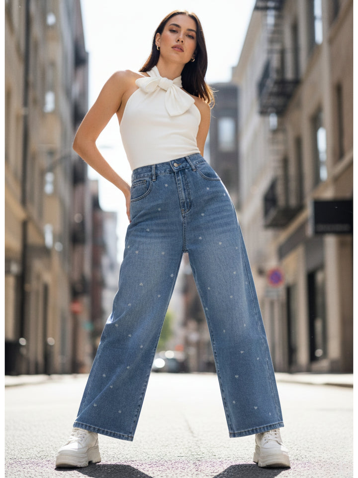 Blue Embellished Wide Leg Denim Jeans
