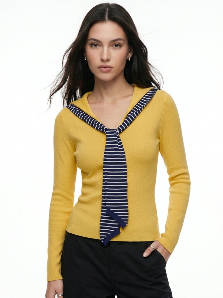 Yellow Full Sleeve V Neck Tie Up Top