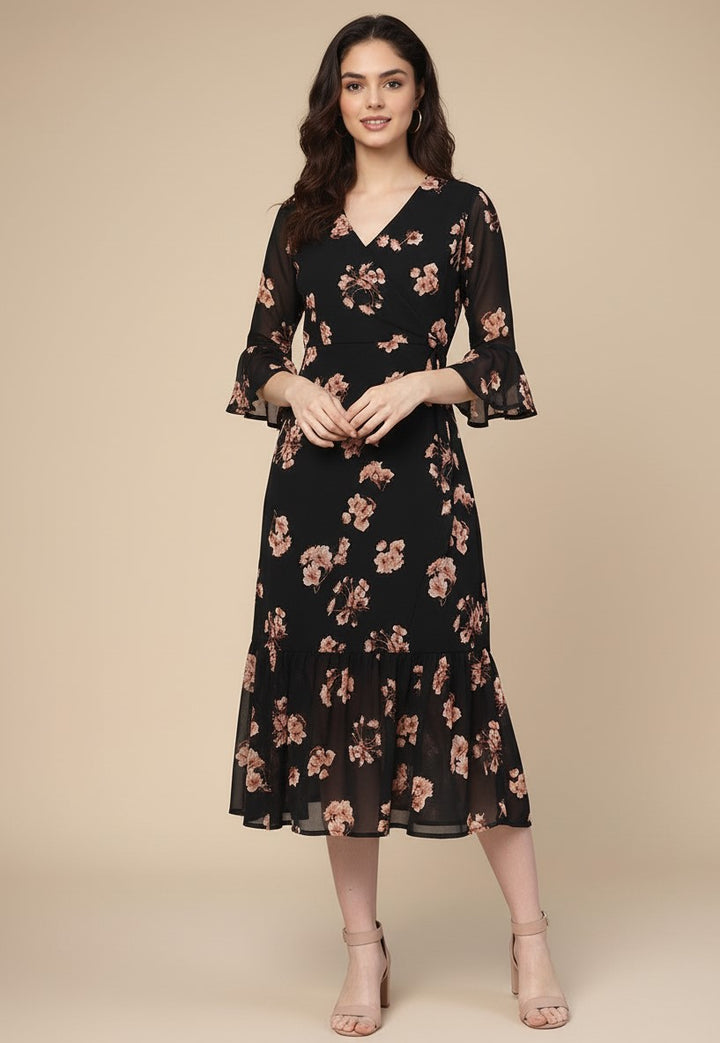 Black Bishop Sleeve Printed V Neck Dress