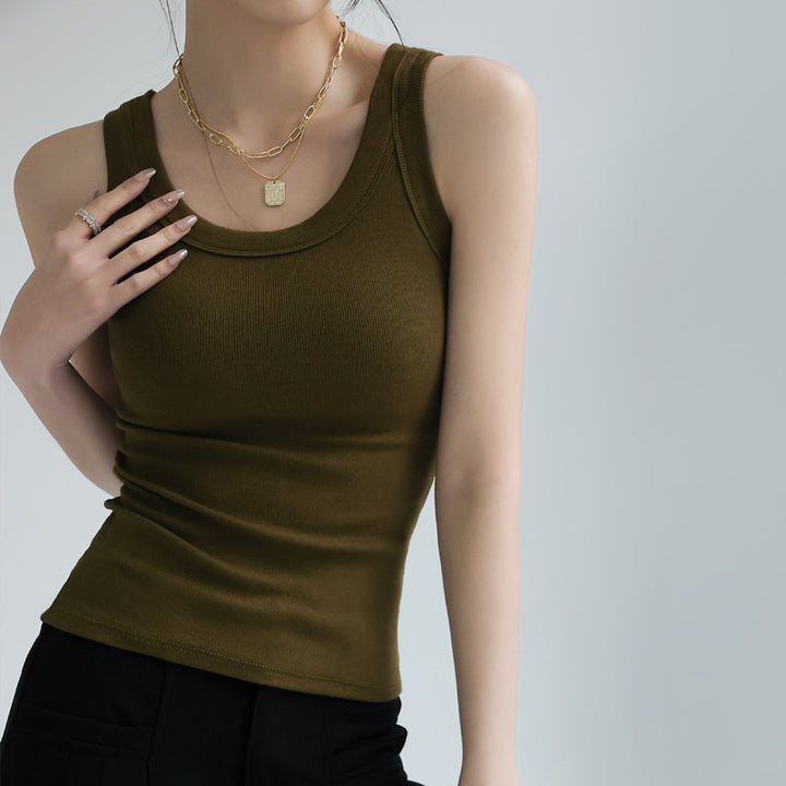 Brown Solid Ribbed Tank Top