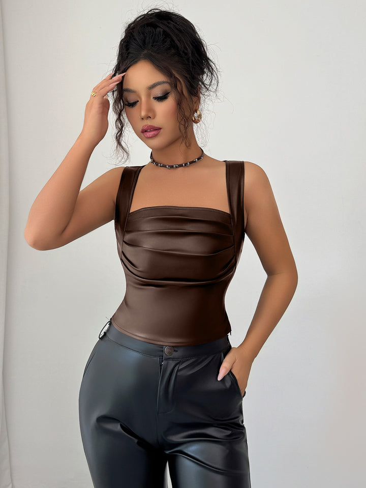 Brown Shoulder Strap Square Neck Top