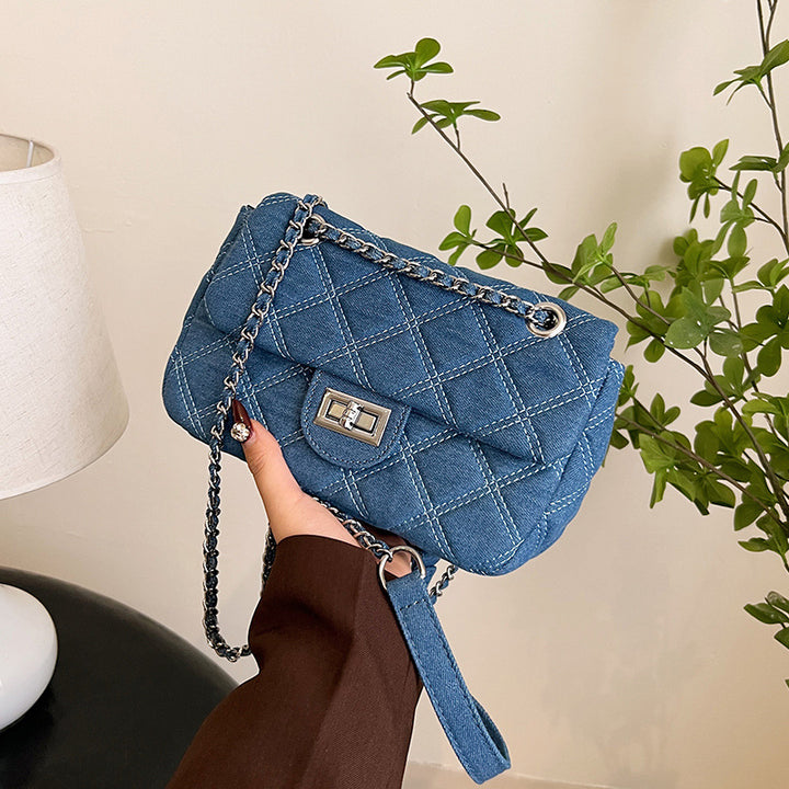Blue Quilted Denim Chain Flap Bag