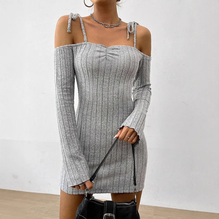 Grey Cold Shoulder Tie Up Dress