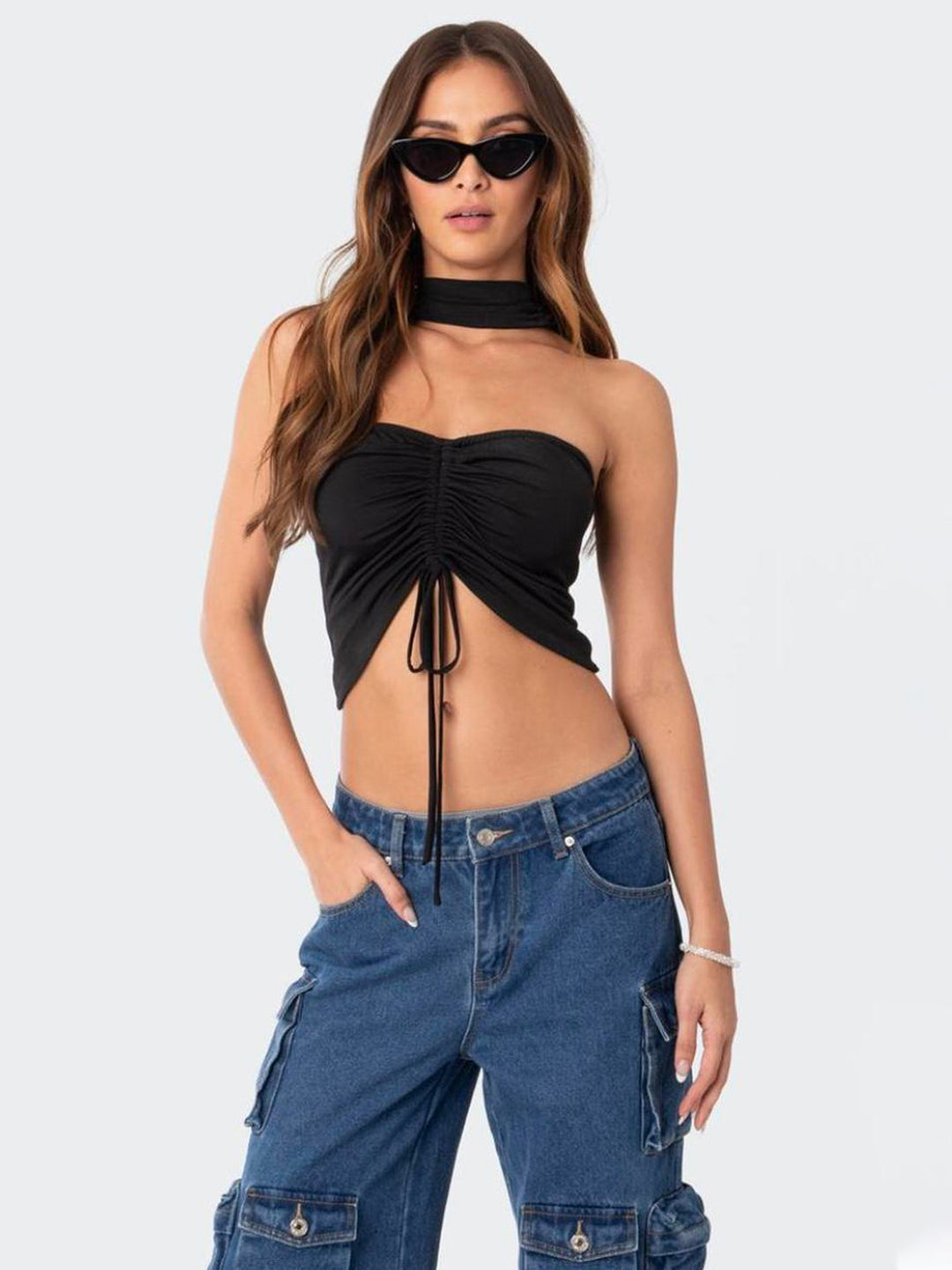 Black Choker Neck Front Ruched Top