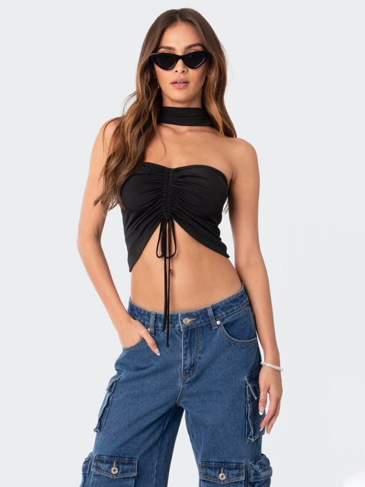 Black Choker Neck Front Ruched Top