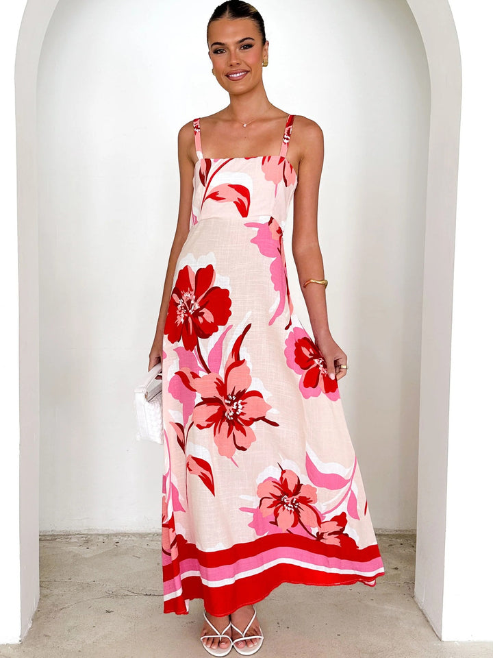 Red Spaghetti Strap Floral Printed Dress