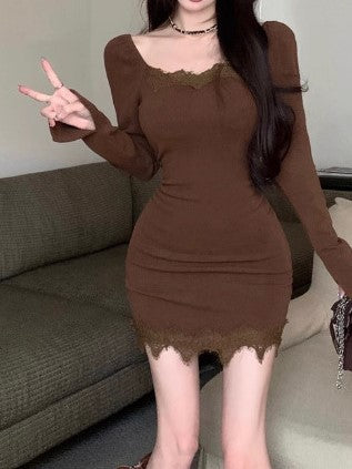 Brown Lace Inserted Bodycon Dress