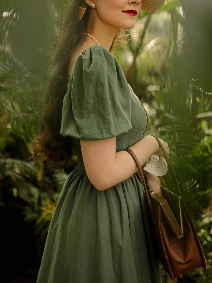 Olive Puff Sleeve Sweetheart Neck Dress
