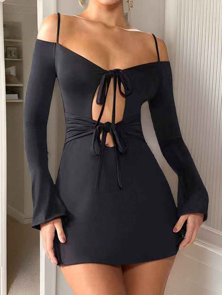 Black Cold Shoulder Bell Sleeve Front Tie-Up Dress