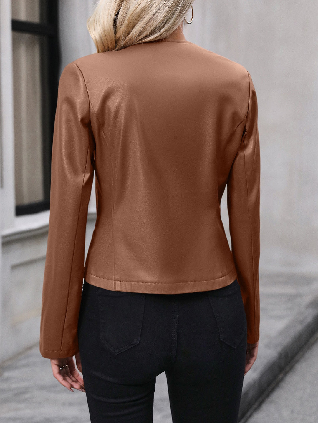 Brown Collarless Zipper Jacket
