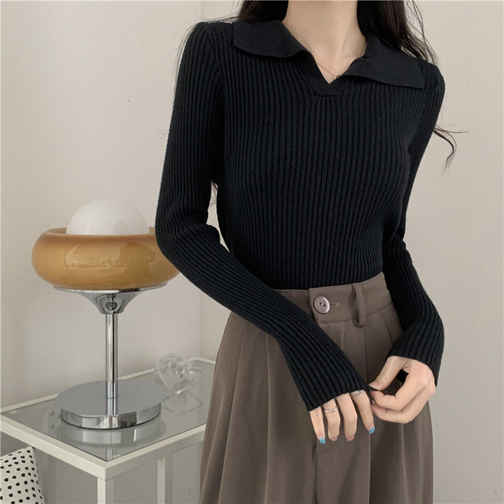 Black Collared Full Sleeve Knit Top