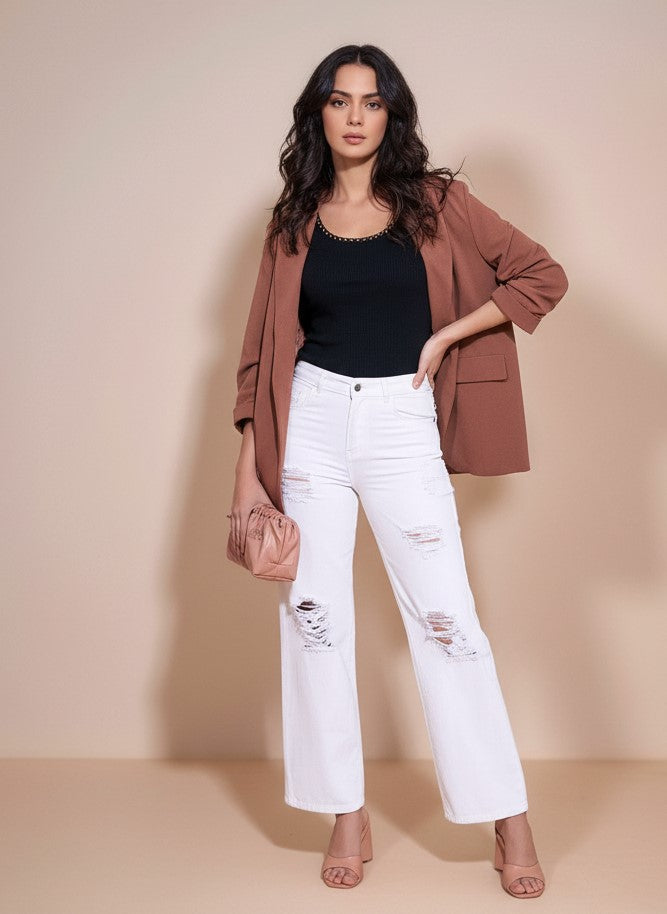 White High Waist Distress Effect Jeans