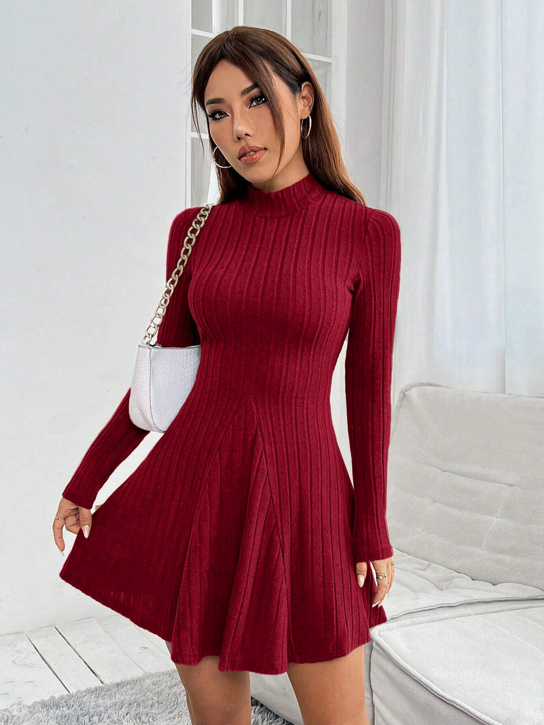 Burgundy High Neck Wide Spaced Rib Dress