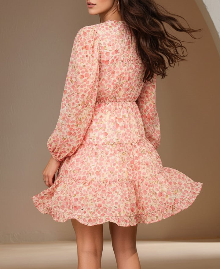 Peach Bishop Sleeve Round Neck Printed Dress