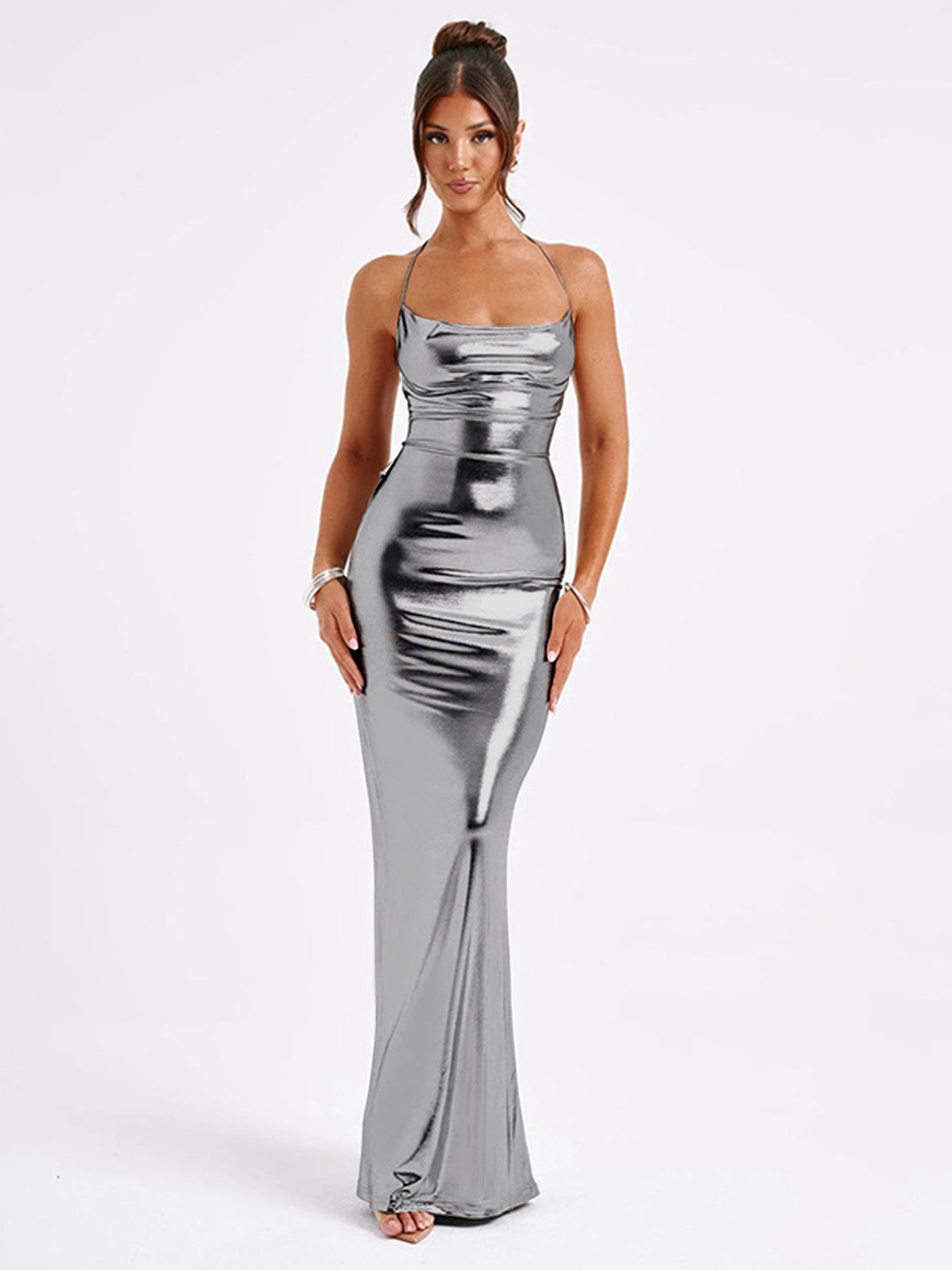 Silver Cowl Neck Low Back Slip Dress