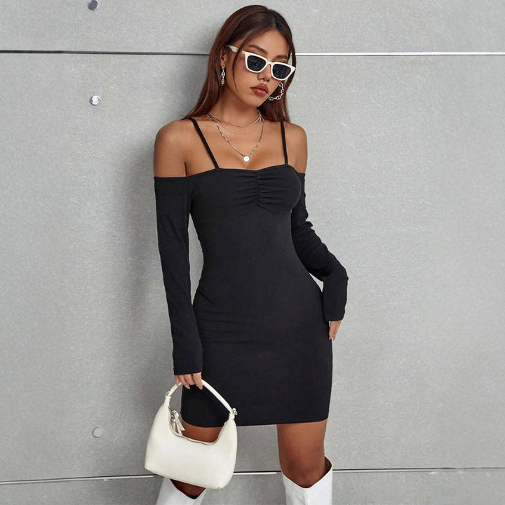 Black Cold Shoulder Front Ruched Dress