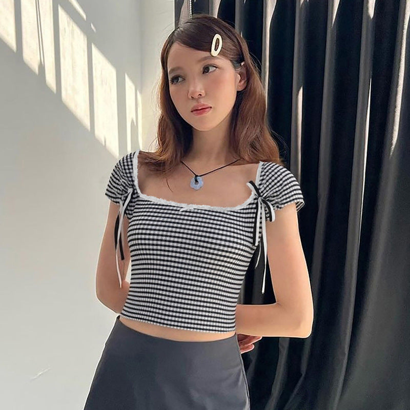 Black Square Neck Fitted Top With Lace Bow
