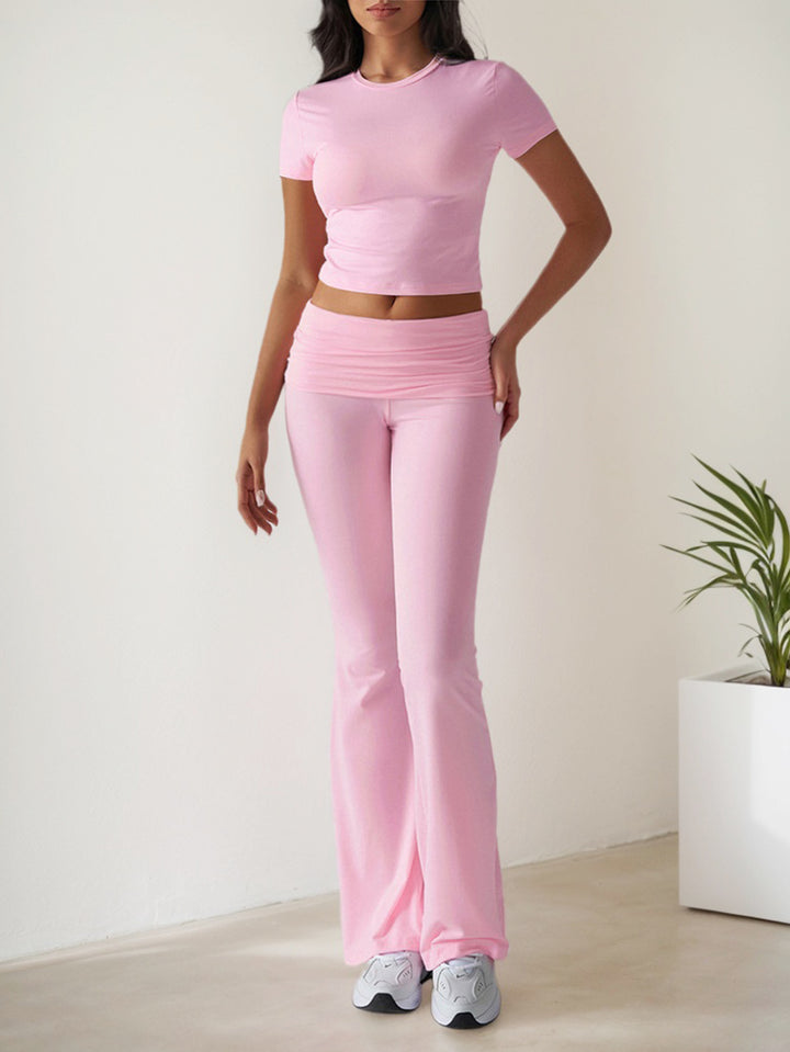 Pink Short Sleeve Top & Waist Ruched Pant Set