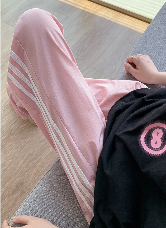 Pink Wide Leg Drawstring Stripe Joggers