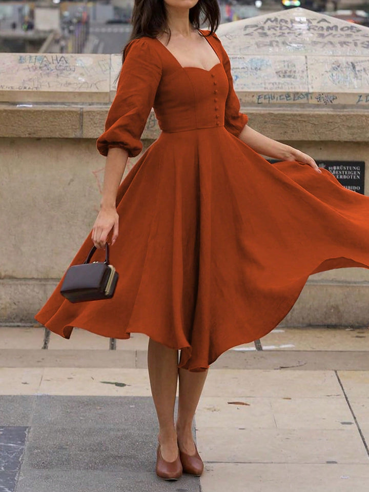 Brown Bishop Sleeve Sweetheart Neck Dress