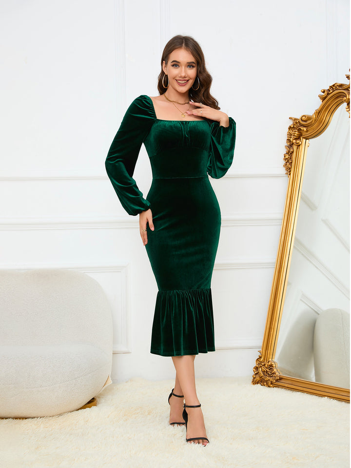 Green Fishtail Velour Dress