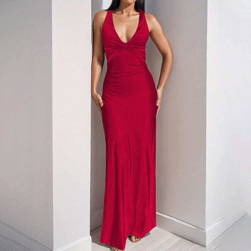 Red Solid Halter Fish Tail Evening Dress