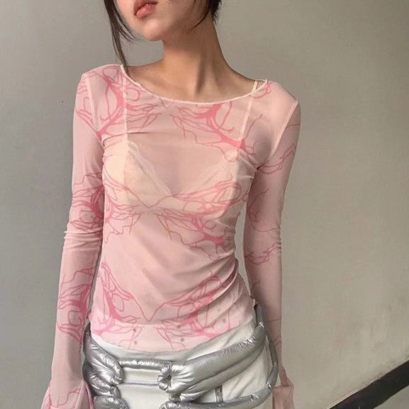 Pink Raw Hem Mesh Top