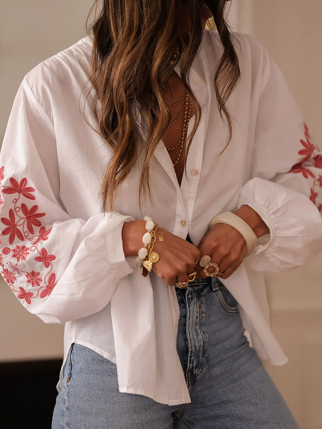White Bishop Sleeve Front Buttoned Mandarin Collar Embroidered Top