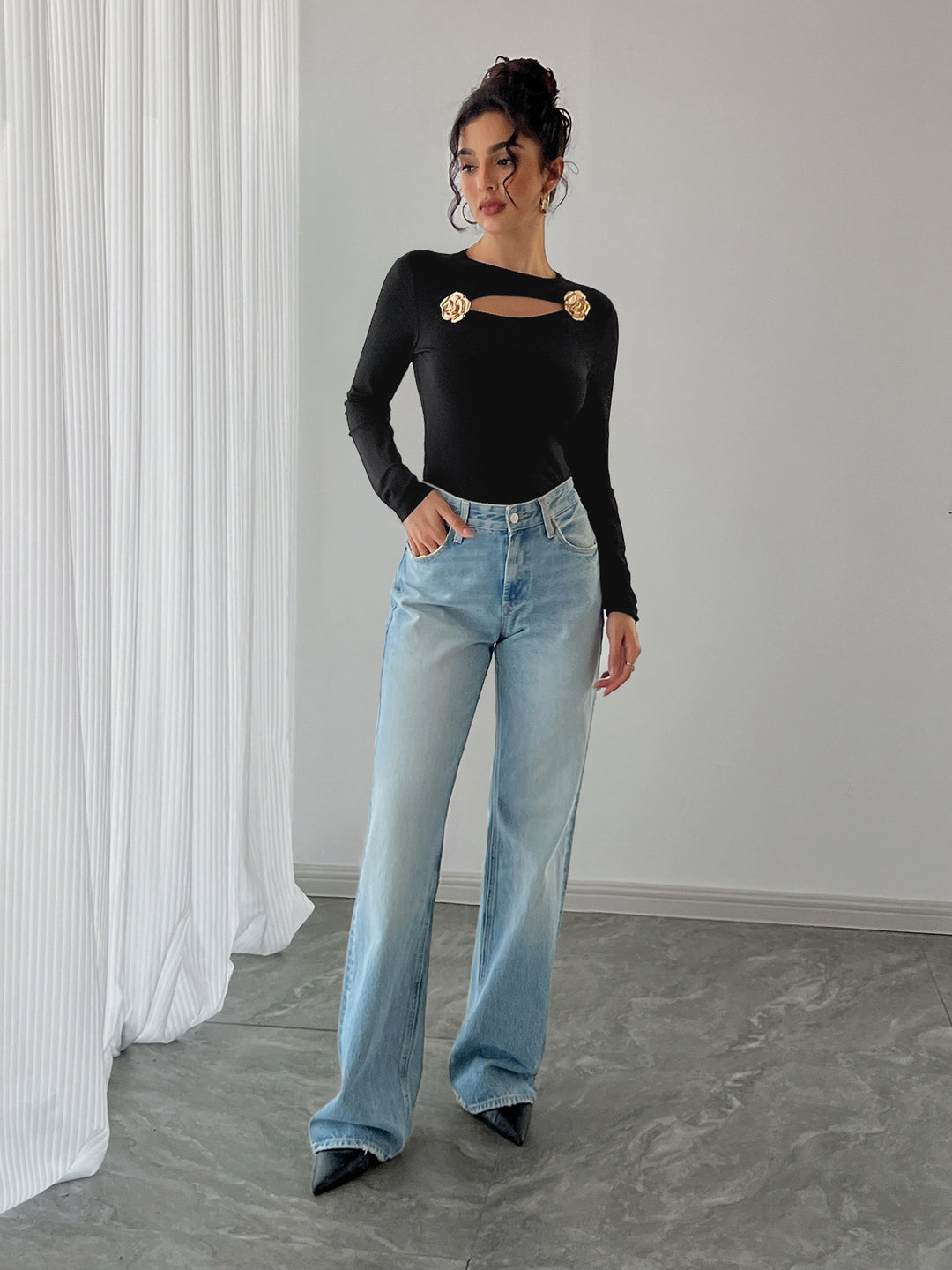 Black Full Sleeve Neck Cut-Out Detail Top