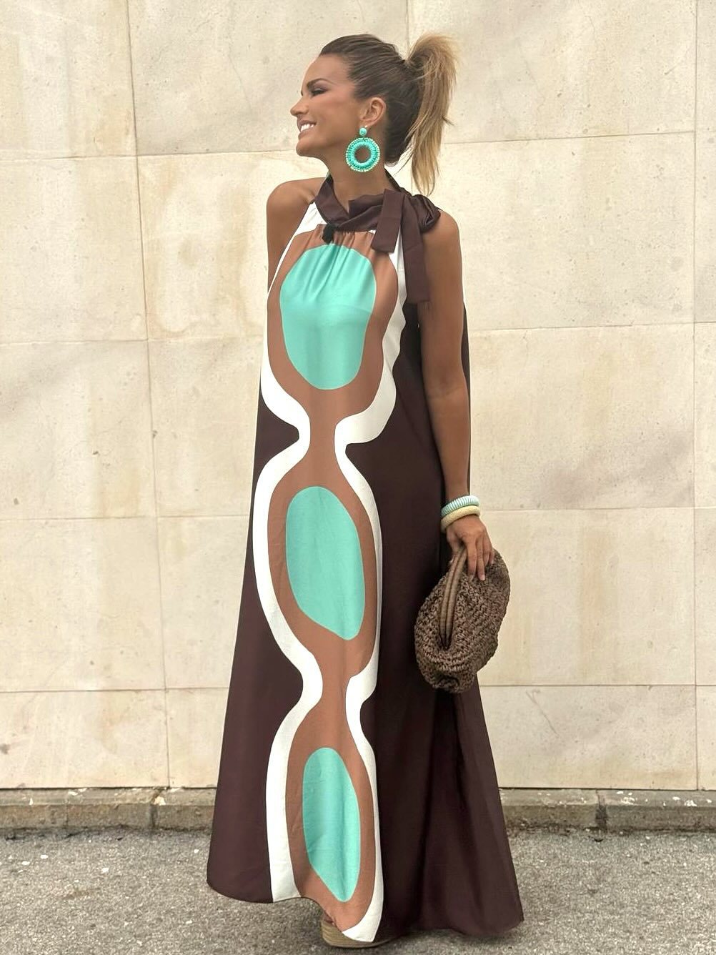 Brown Halter Neck Printed Dress