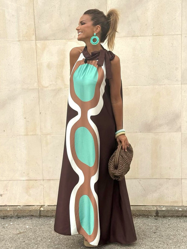 Brown Halter Neck Printed Dress
