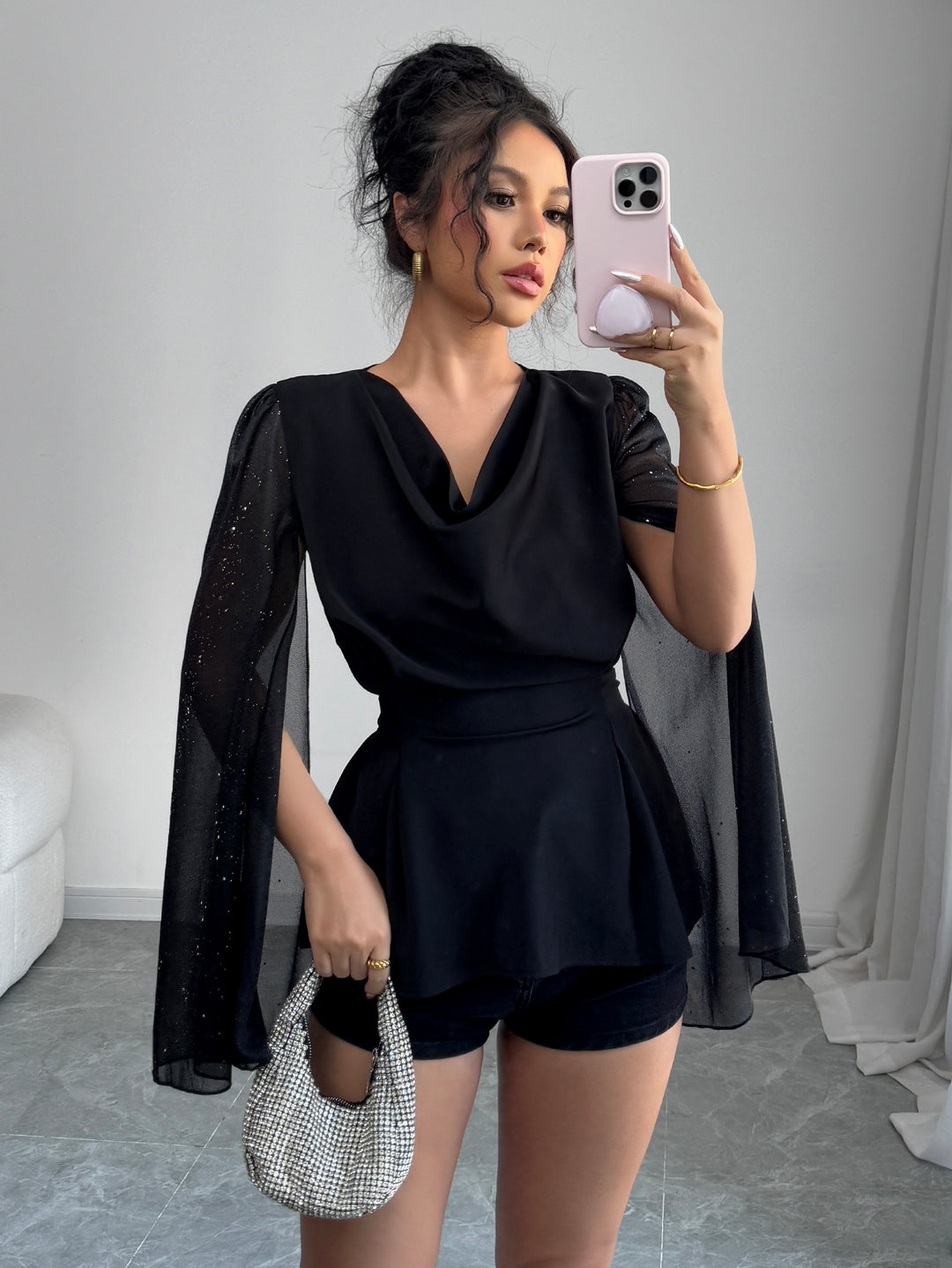Black Cowl Neck Top With Extended Cape Sleeves