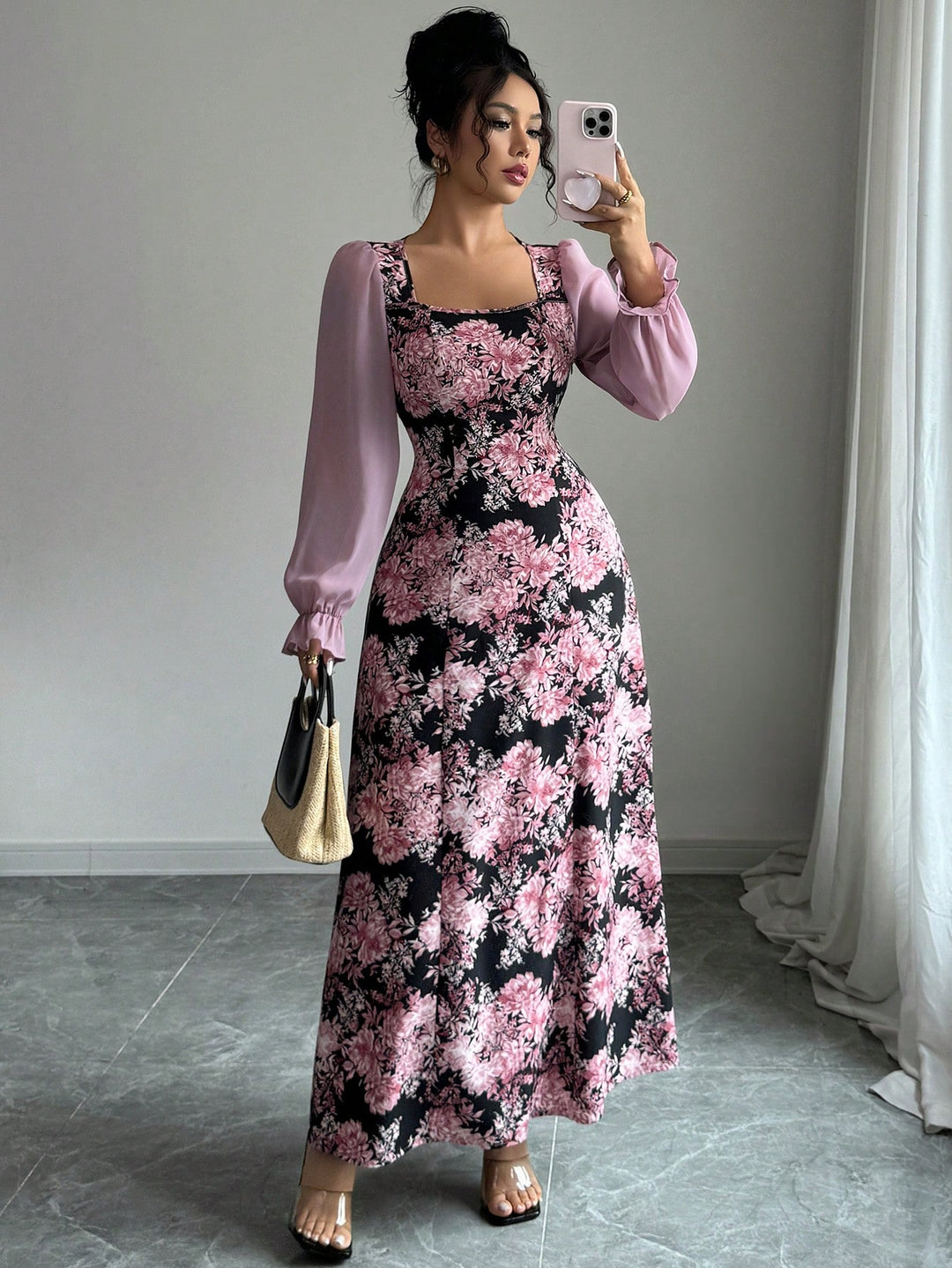 Pink Floral Print Maxi Dress