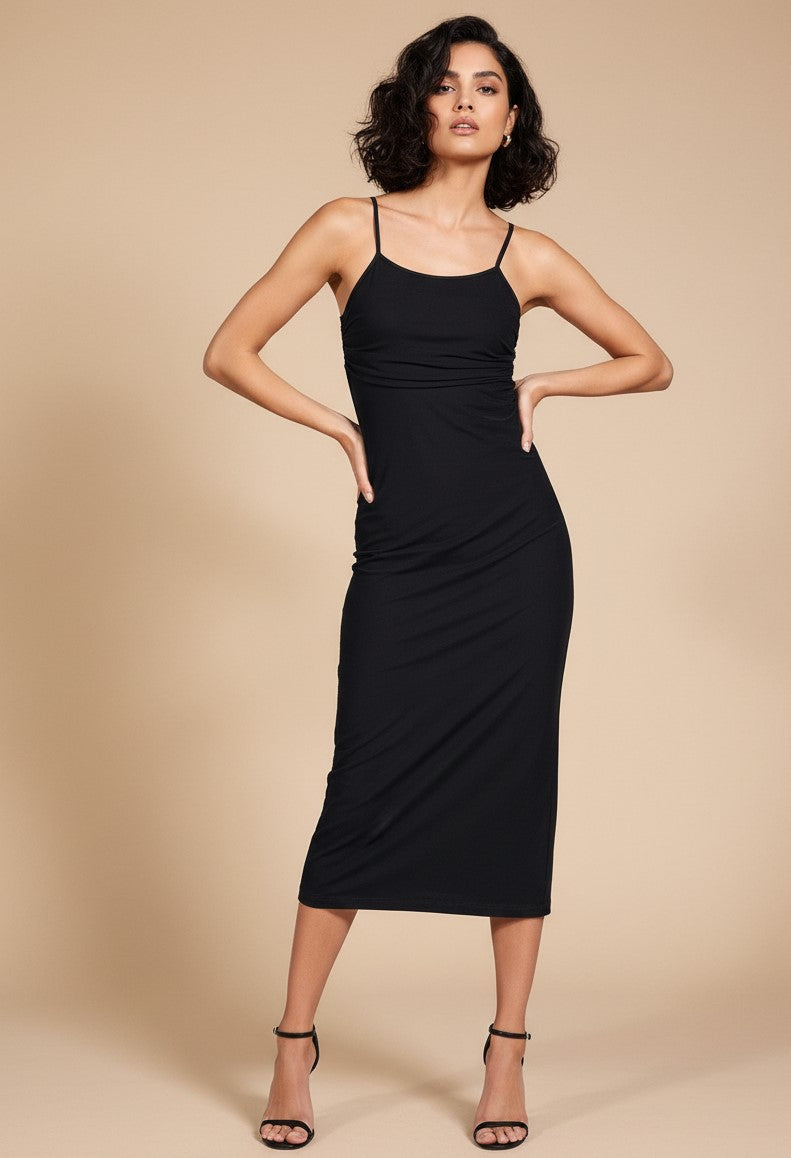 Black Spaghetti Strap Round Neck Side Slit Dress