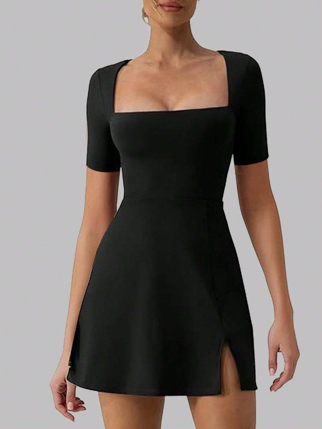 Black Short Sleeve Square Neck Dress