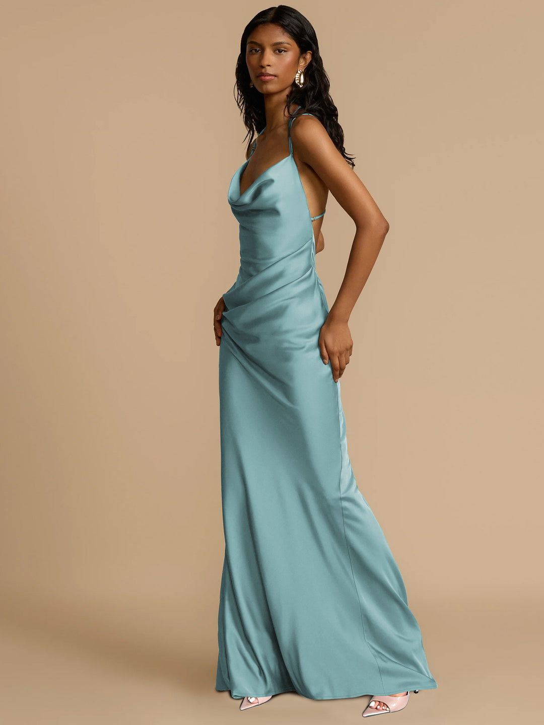 Aqua Backless Cowl Satin Dress
