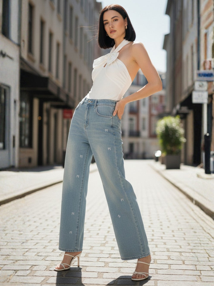 Light Blue Bow Embroidered Wide Leg Pant