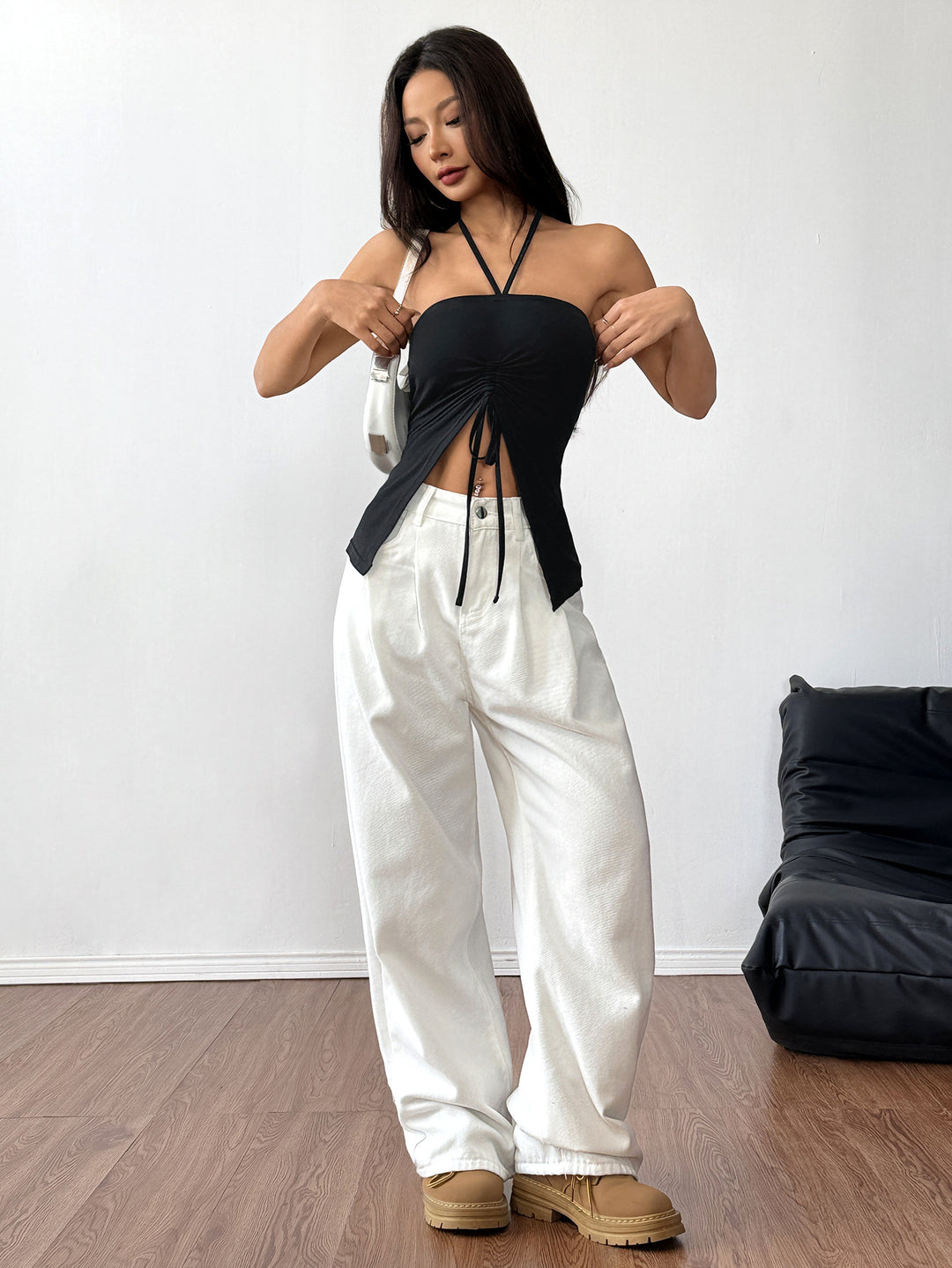 Black Halter Neck Front Ruched Top