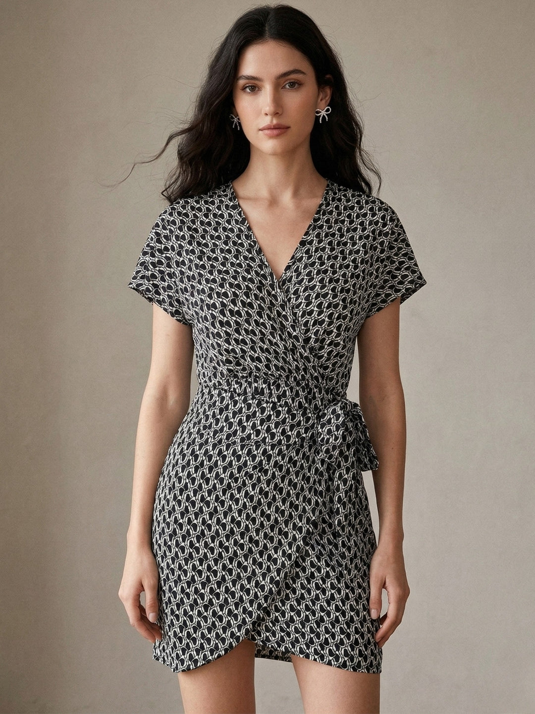 Black Waist Wrap Printed Dress