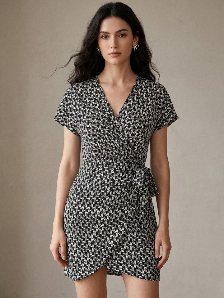 Black Waist Wrap Printed Dress