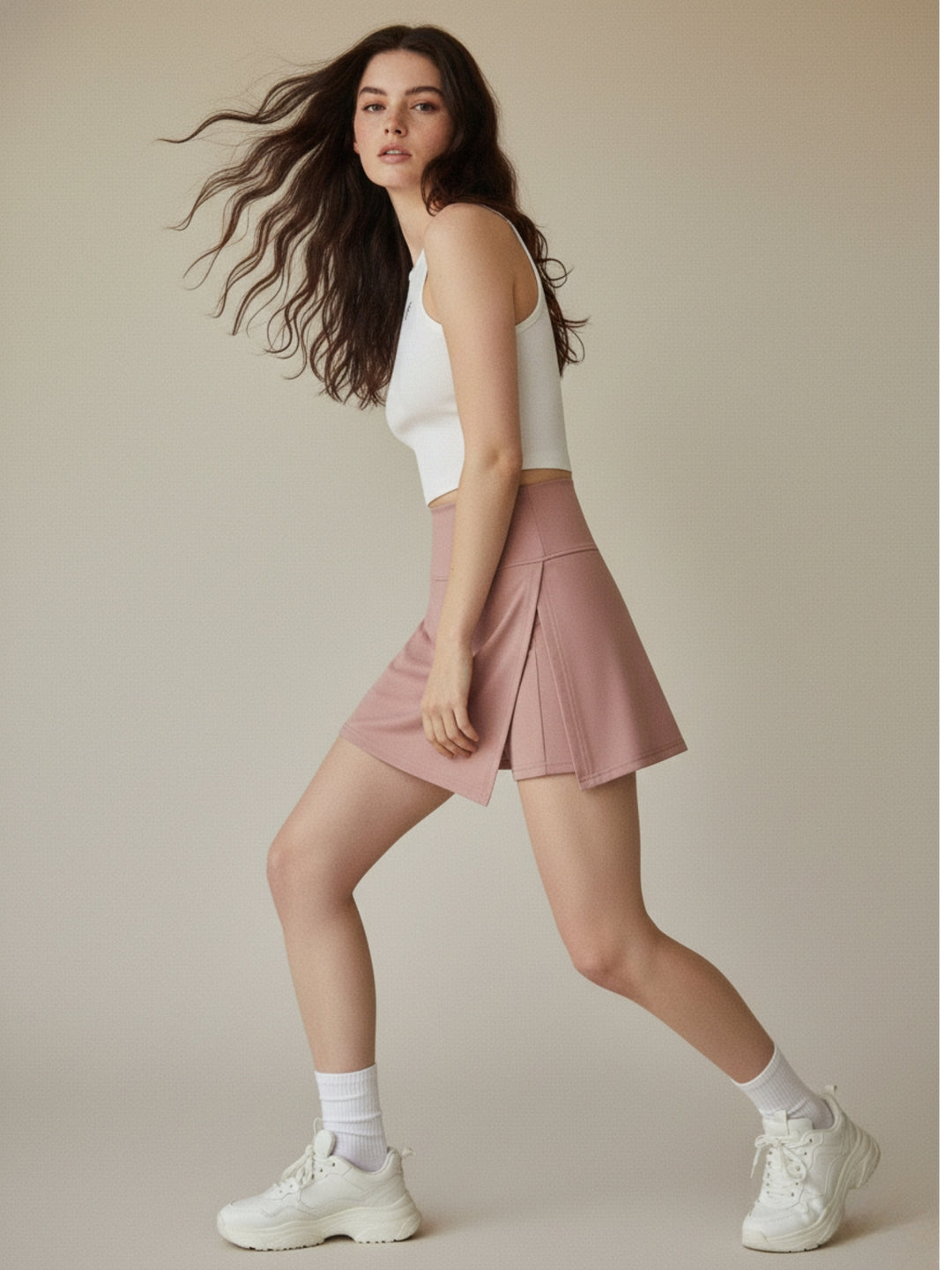 Light Pink Solid Fitted Skorts