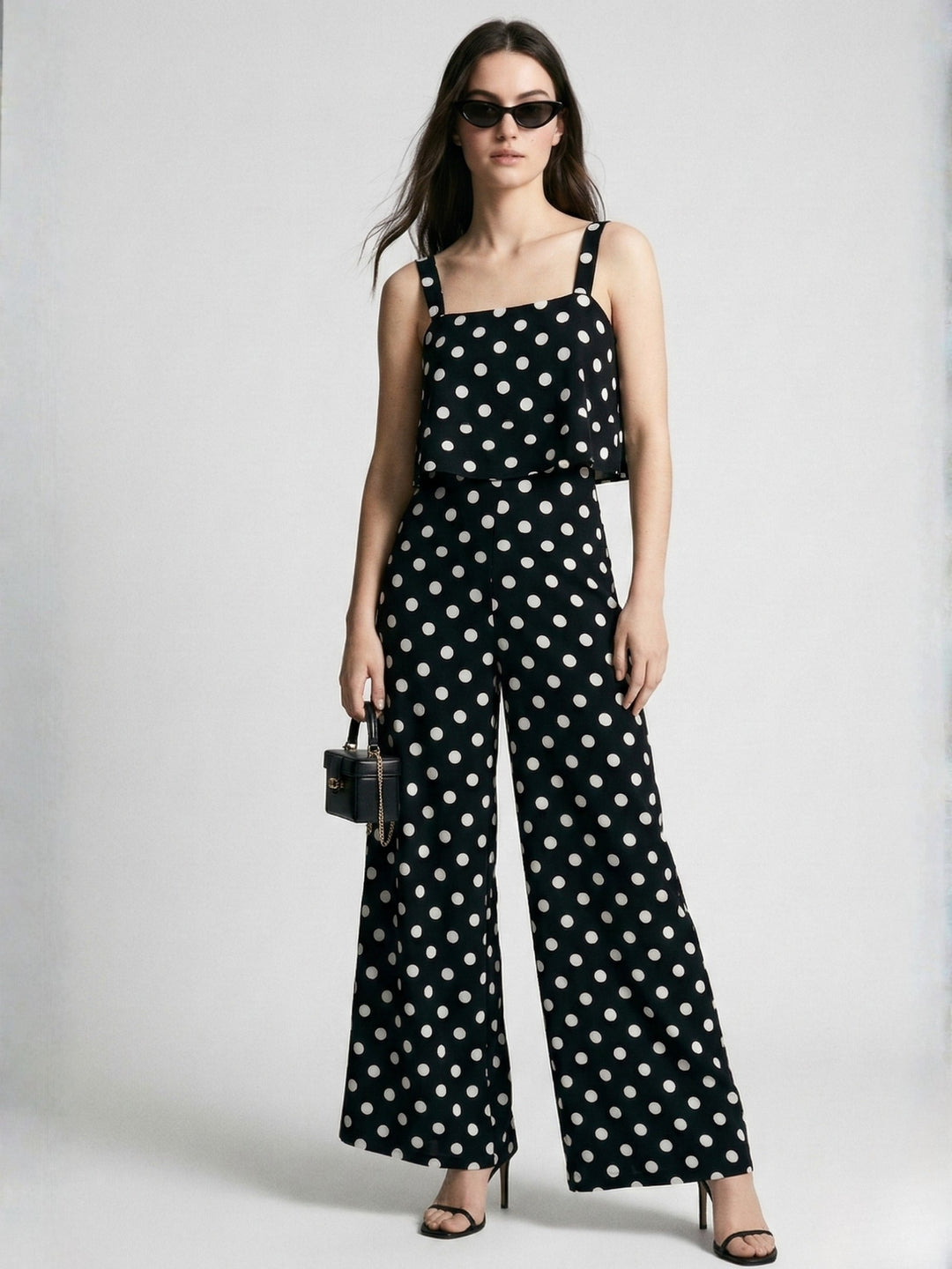 Black Shoulder Strap Polka Printed Jumpsuits