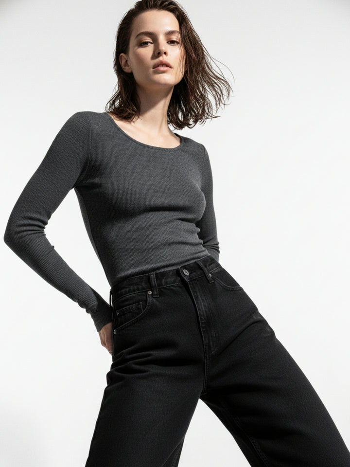 Black Full Sleeve Round Neck Fitted Top