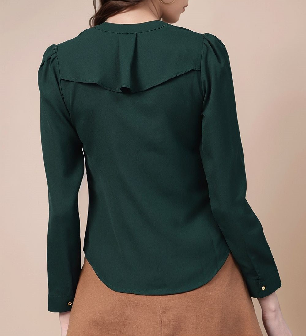 Green Full Sleeve Ruffle Neck Top